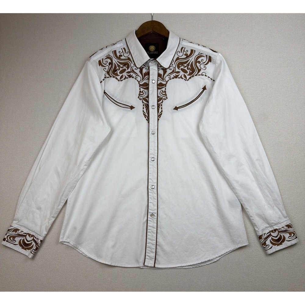 Platini Button Up Pearl Snap Western Shirt Mens Size XL White Brown Cowboy Rodeo